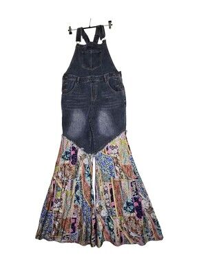 Easel Los Angeles Jean Boho Floral Festival Patchwork Flare Overalls Sz L